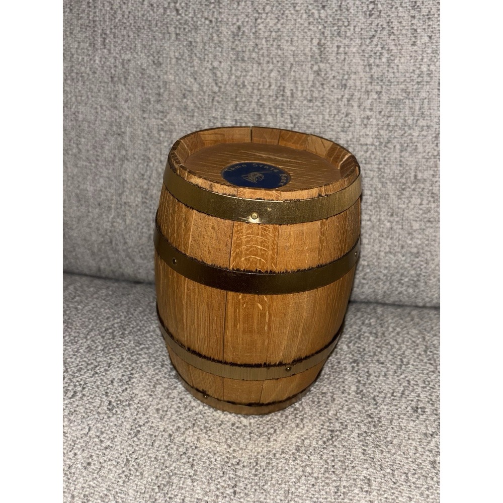 Vintage Tama State Bank Wooden Barrel Coin Bank Money Keg Historical Collectible
